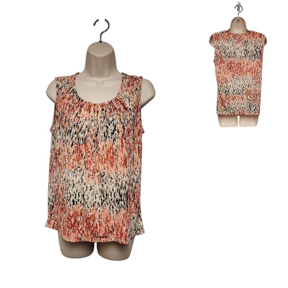 Kasper Pleated Neck Accent Multicolor Orange Striped Sleeveless Top Size Small